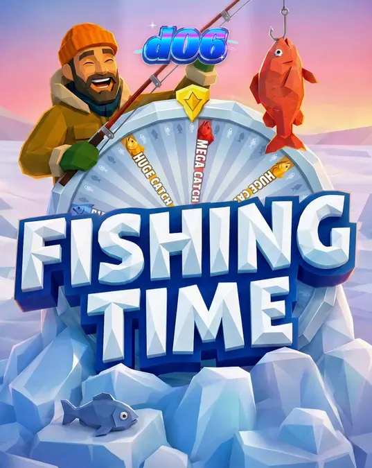 Tampilan roda permainan Fishing Time dengan latar belakang danau es Nordik yang menawan.